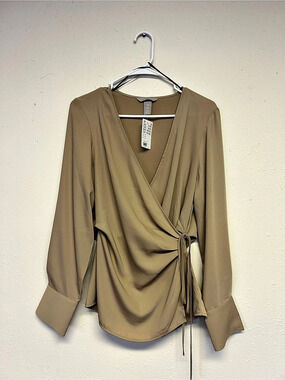 NWT H&M Beige Wrap Tie Waist Blouse Size Medium